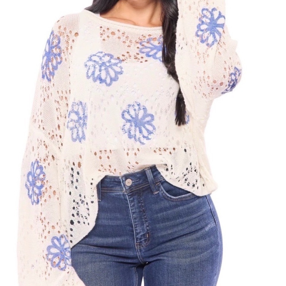 POL Ivory Blue Floral Crochet Open Knit Oversized Costal Sweater S Hippy NWTs